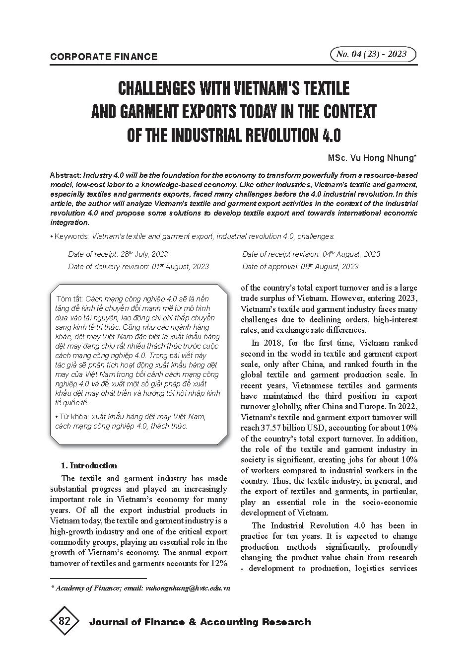 Thách thức với xuất khẩu dệt may Việt Nam trong bối cảnh cuộc cách mạng công nghiệp 4.0 = Challenges with Vietnam's textile and garment exports today in the context of the industrial revolution 4.0