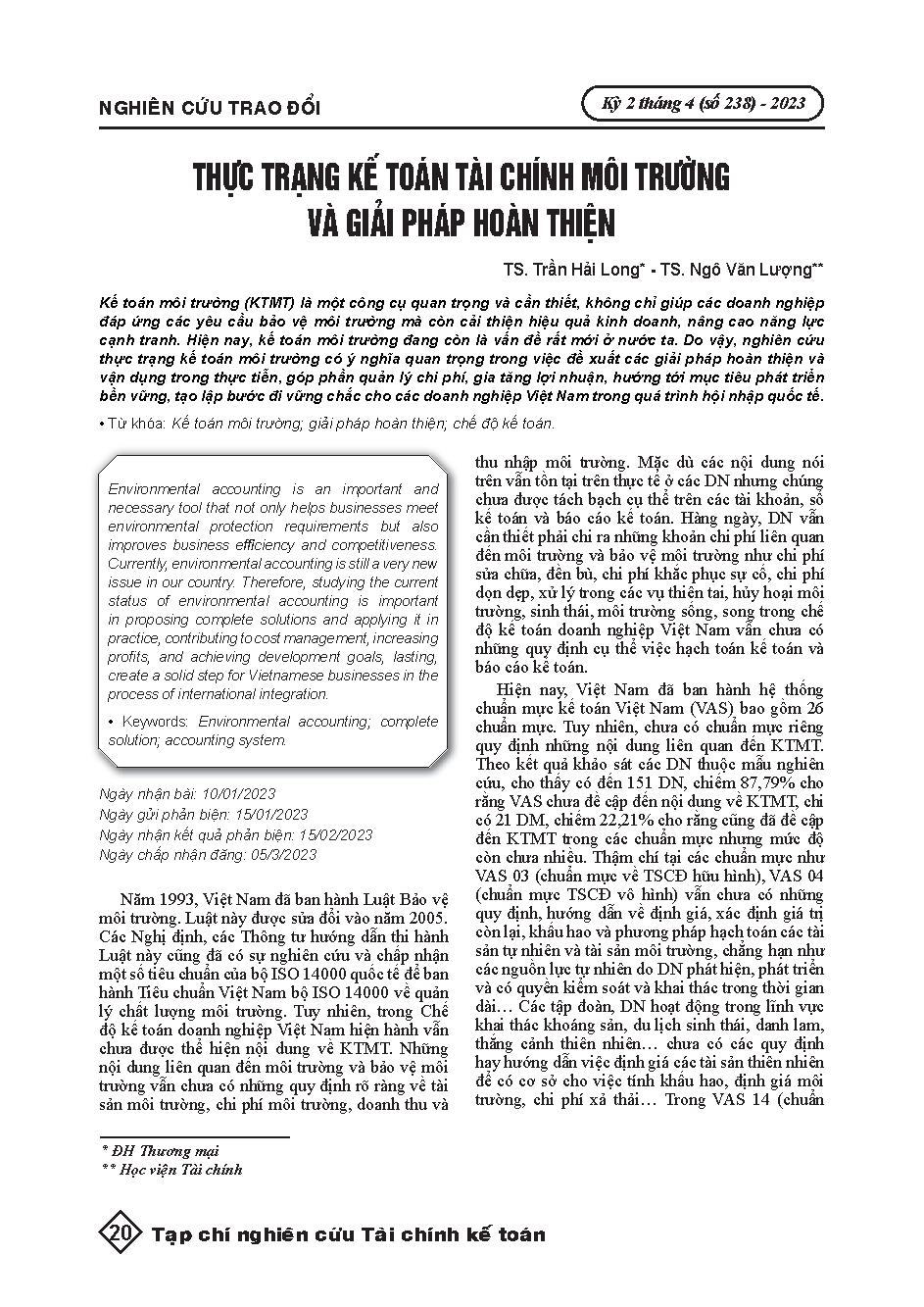Thực trạng kế toán tài chính môi trường và giải pháp hoàn thiện = Current practices of environmental financial accounting and suggestions for improvements