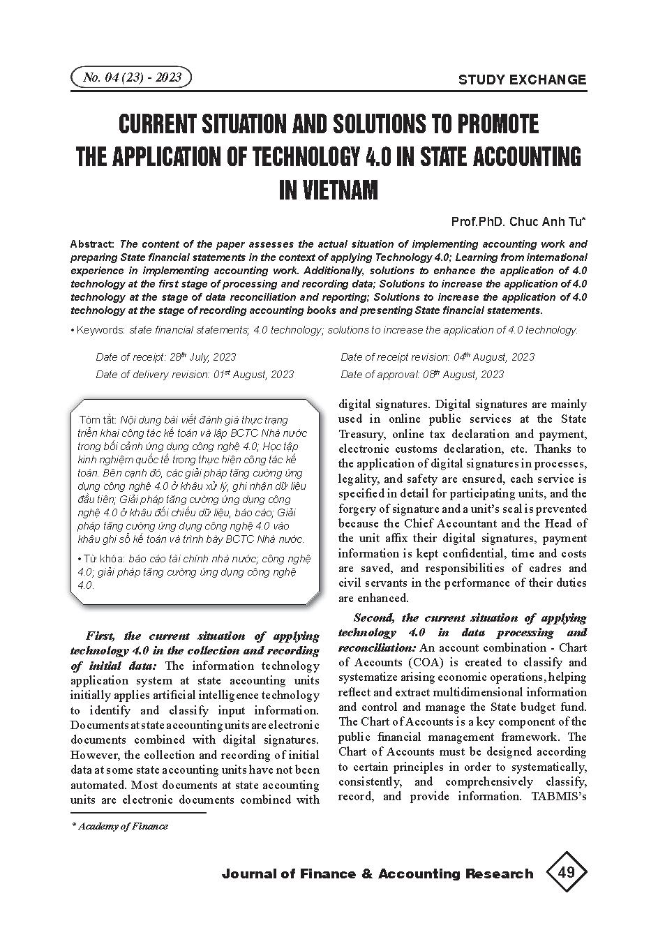 Thực trạng và giải pháp khuyến khích ứng dụng cách mạng công nghiệp 4.0 trong kế toán công tại Việt Nam = Current situation and solutions to promote the application of technology 4.0 in state accounting in Vietnam