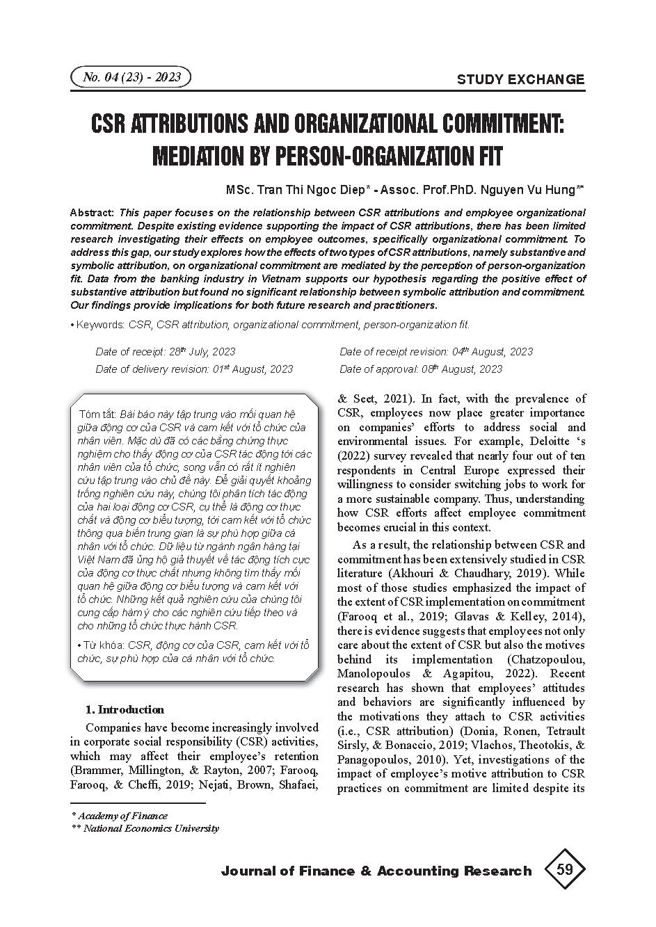 Trách nhiệm xã hội doanh nghiệp và cam kết của tổ chức: Vai trò trung gian sự phù hợp giữa cá nhân và tổ chức = CSR attributions and organizational commitment: Mediation by person-organization fit