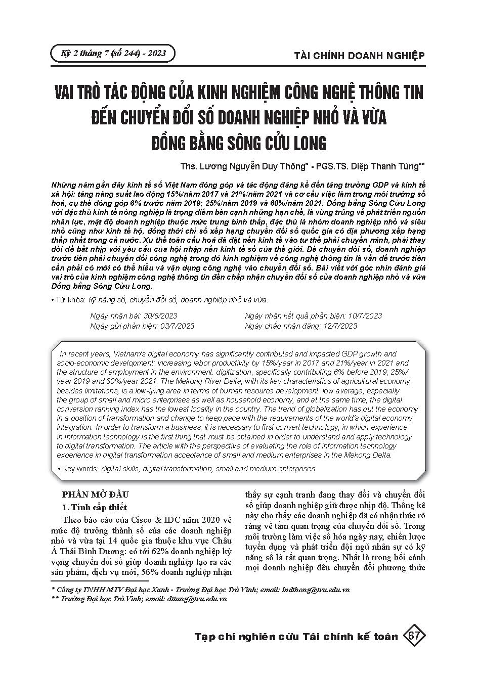 Vai trò tác động của kinh nghiệm công nghệ thông tin đến chuyển đổi số doanh nghiệp nhỏ và vừa đồng bằng sông Cửu Long = The role and impact of information technology experience on digital transformation of small and medium enterprises in the Mekong Delta
