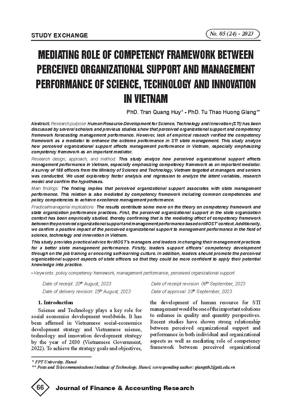 Vai trò trung gian của khung năng lực trong mối quan hệ giữa cảm nhận về sự hỗ trợ của tổ chức và hiệu suất hoạt động quản lý khoa học, công nghệ và đổi mới sáng tạo tại Việt Nam = Mediating role of competency framework between perceived organizational su