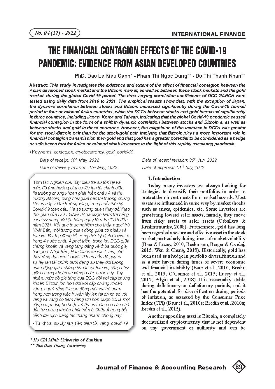 Ảnh hưởng của hiệu ứng lan rộng các xáo trộn thị trường trong đại dịch Covid-19: Nghiên cứu các nước phát triển tại châu Á = The financial contagion effects of the Covid-19 pandemic: Evidence from Asian developed countries