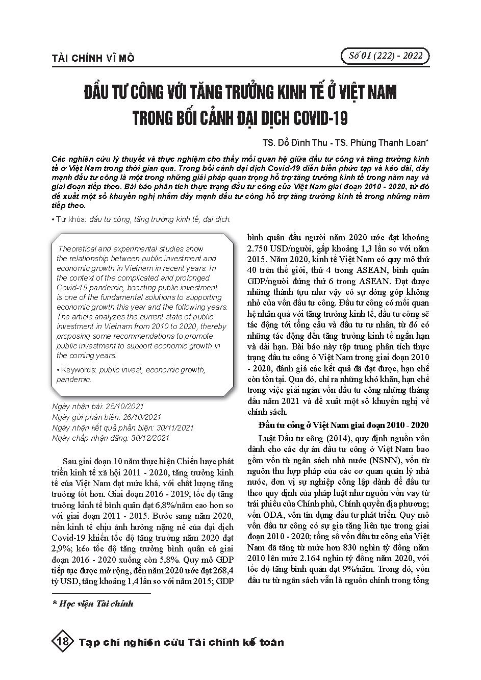 Đầu tư công với tăng trưởng kinh tế ở Việt Nam trong bối cảnh đại dịch Covid-19 = Public investment with economic growth in Vietnam
