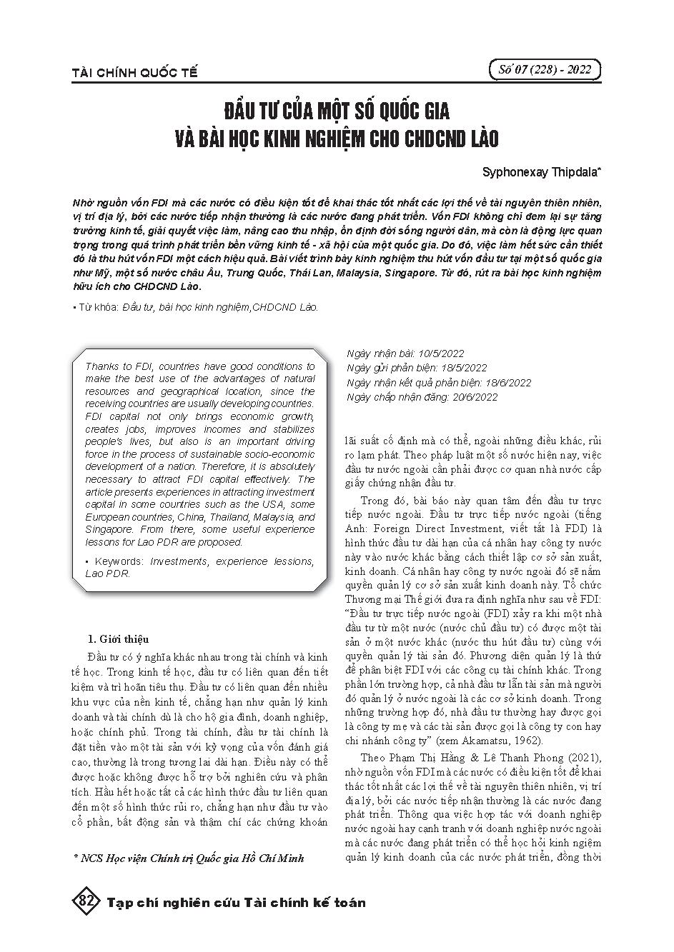 Đầu tư của một số quốc gia và bài học kinh nghiệm cho CHDCND Lào = International experience in investment and recommendations for Laos