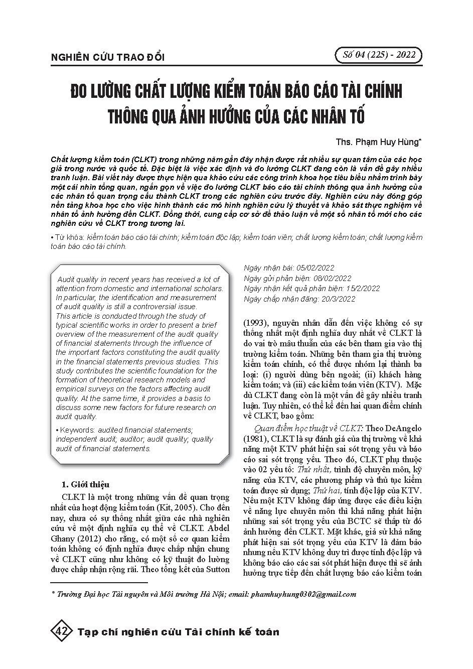 Đo lường chất lượng kiểm toán báo cáo tài chính thông qua ảnh hưởng của các nhân tố = Measurement of the auditquality of financial statements through the factors’ effects