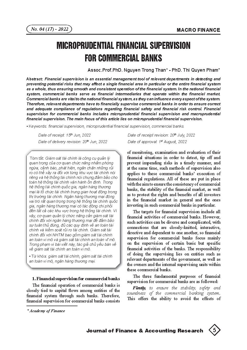 Giám sát an toàn vi mô đối với ngân hàng thương mại = Microprudential financial supervision for commercial banks