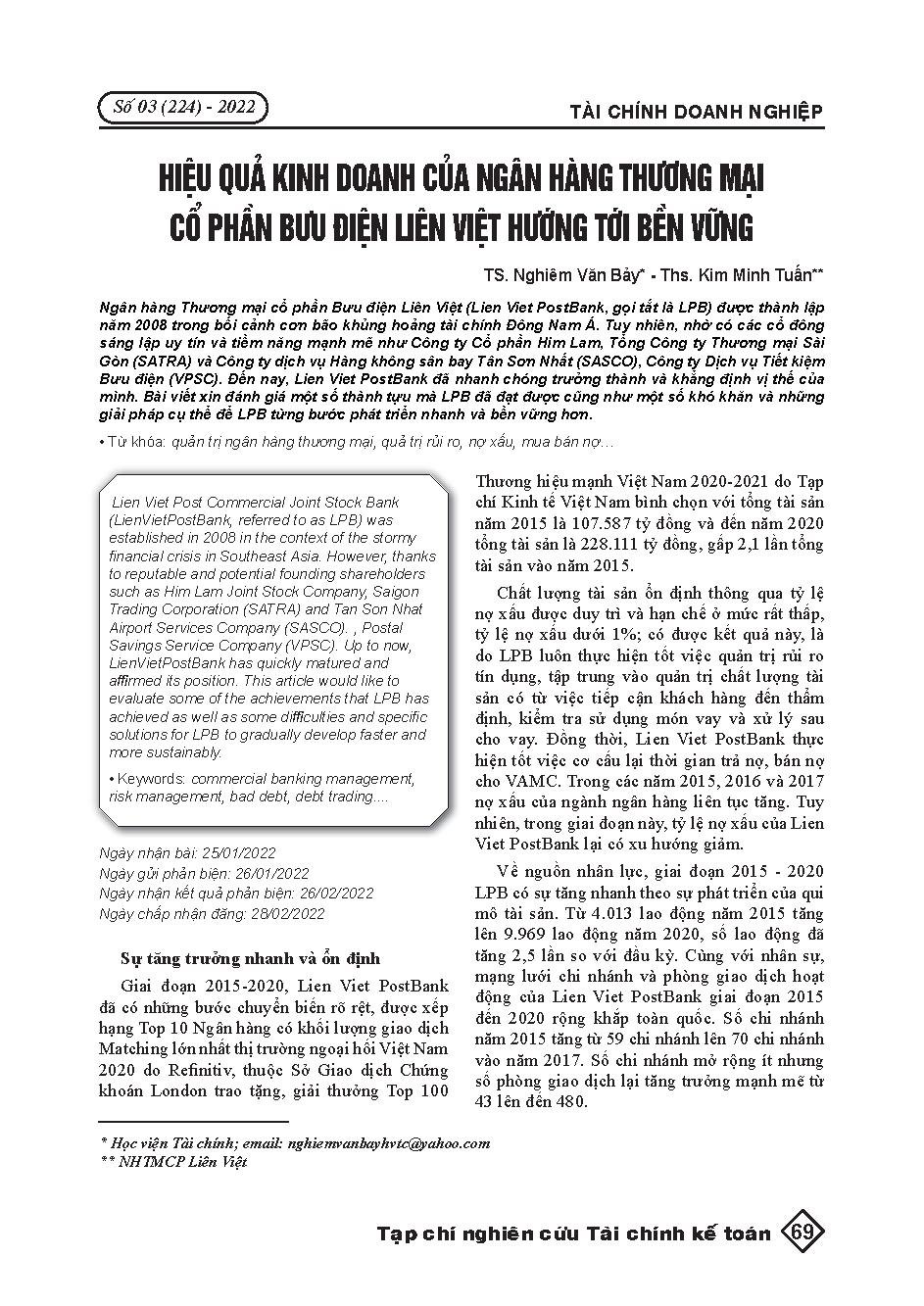 Hiệu quả kinh doanh của Ngân hàng thương mại cổ phần Bưu điện Liên Việt hướng tới bền vững = Business efficiency of Lien Viet Post Joint Stock Commercial Bank towards sustainability