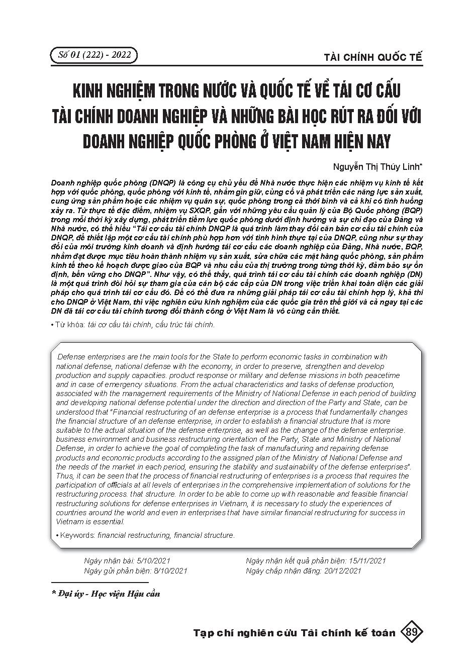 Kinh nghiệm trong nước và quốc tế về tái cơ cấu tài chính doanh nghiệp và những bài học rút ra đối với doanh nghiệp quốc phòng ở Việt Nam hiện nay = International and international experience on corporate financial structure and learning lessons for natio