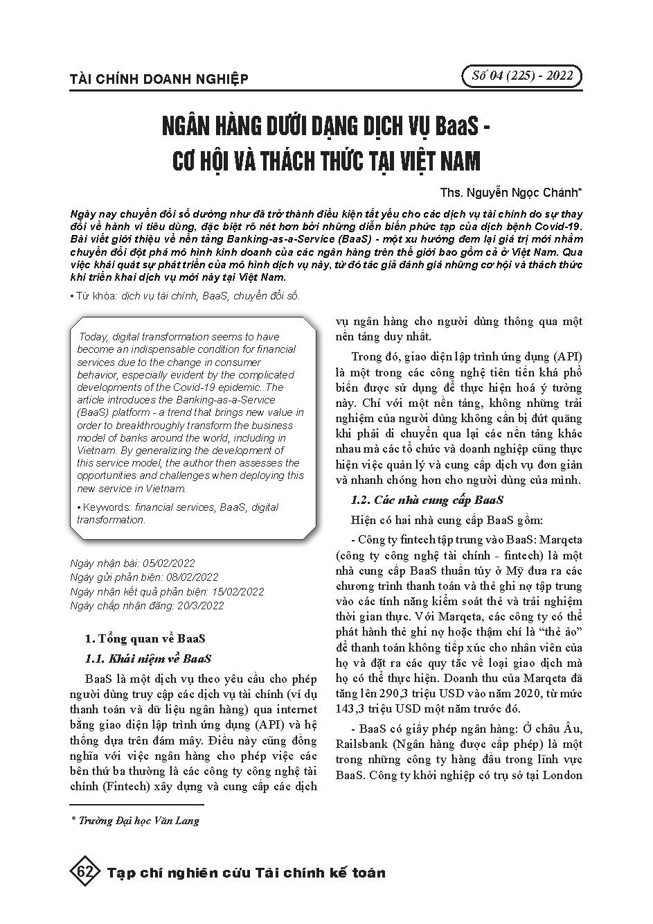 Ngân hàng dưới dạng dịch vụ BaaS - Cơ hội và thách thức tại Việt Nam = Banking as a service BaaS - Opportunities and challenges in Vietnam