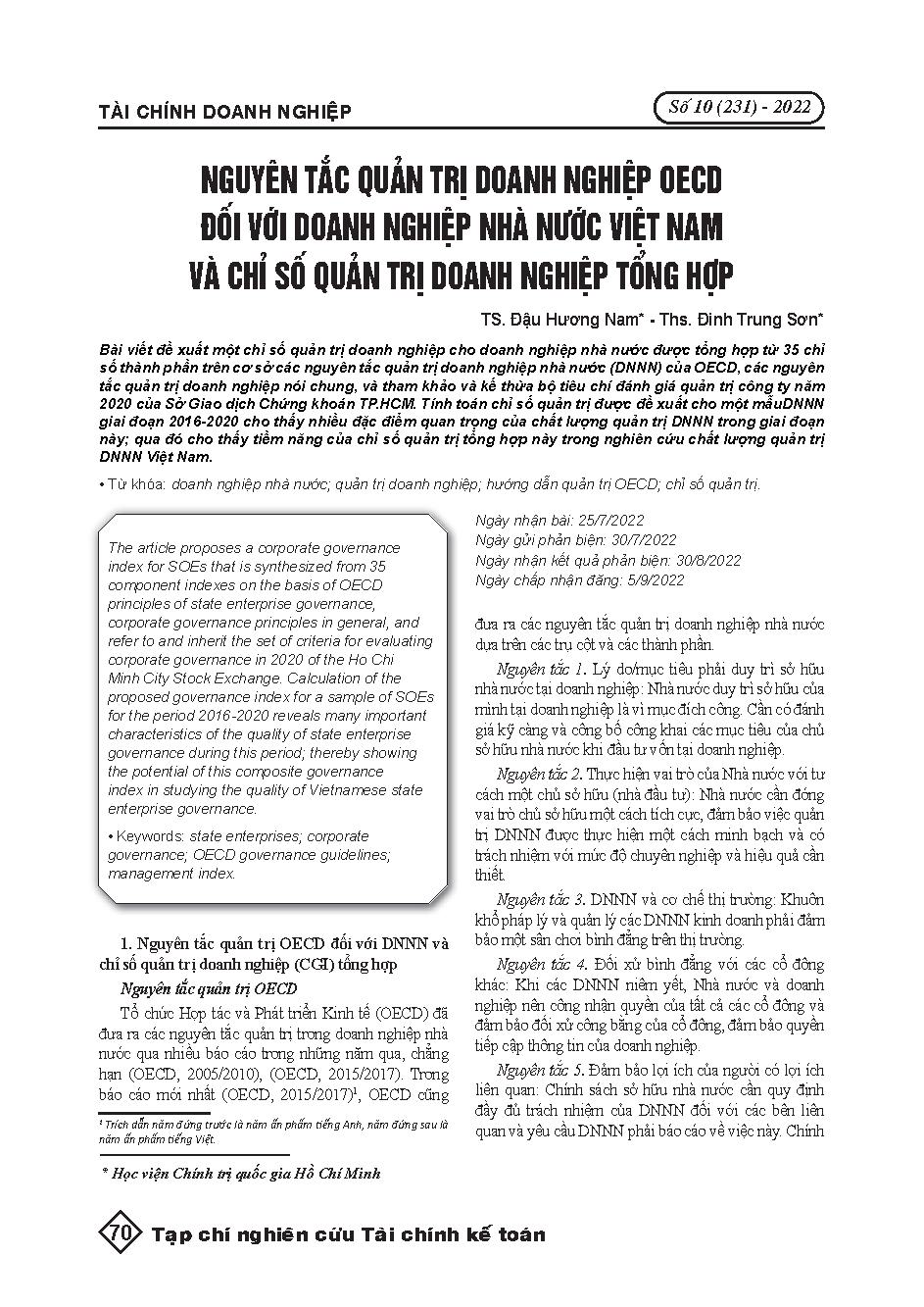 Nguyên tắc quản trị doanh nghiệp OECD đối với doanh nghiệp nhà nước Việt Nam và chỉ số quản trị doanh nghiệp tổng hợp = OECD principles of corporate governance for Vietnamese State-owned enterprises and general corporate governance Index