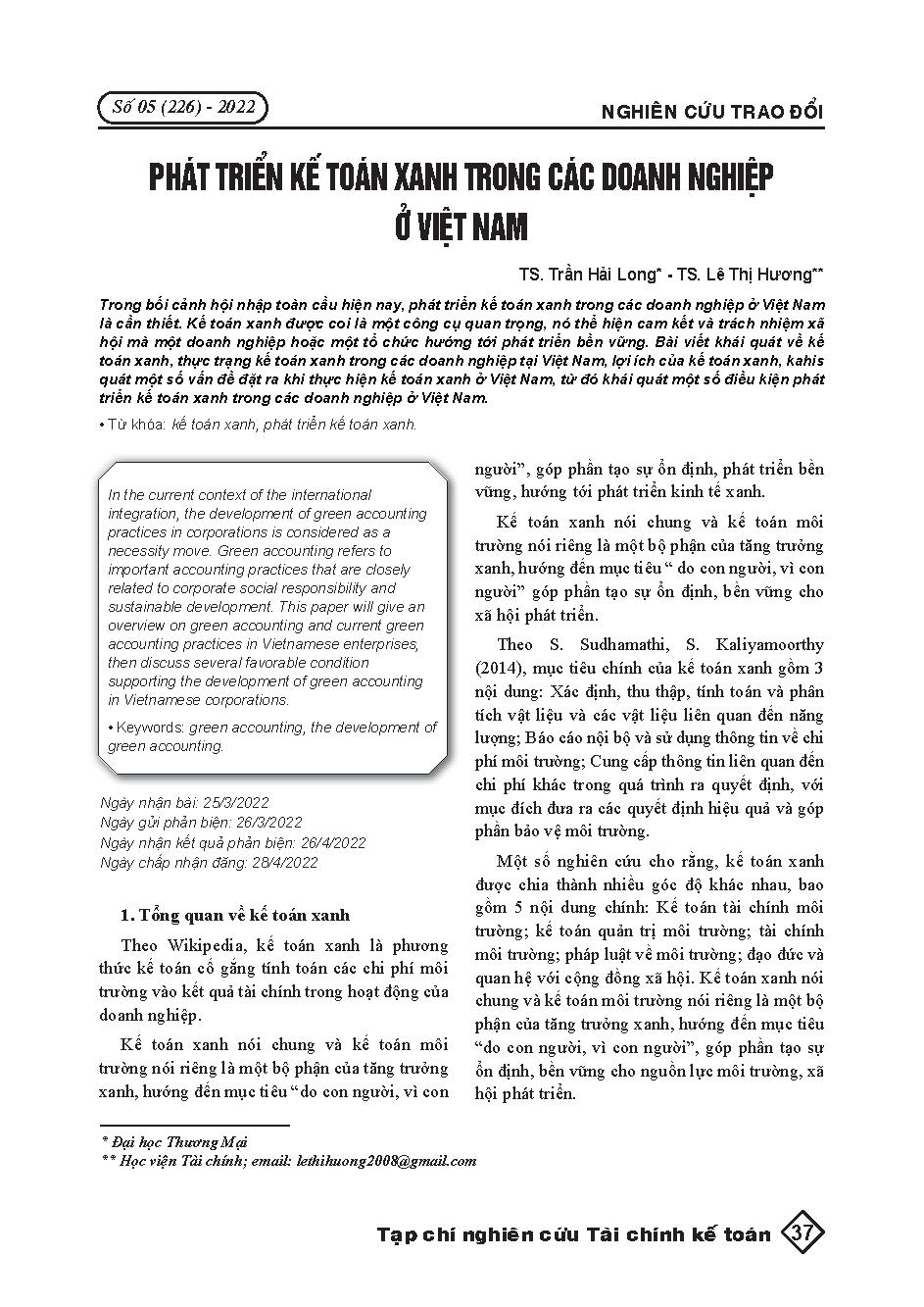 Phát triển kế toán xanh trong các doanh nghiệp ở Việt Nam = Developing green accounting in enterprises in Vietnam