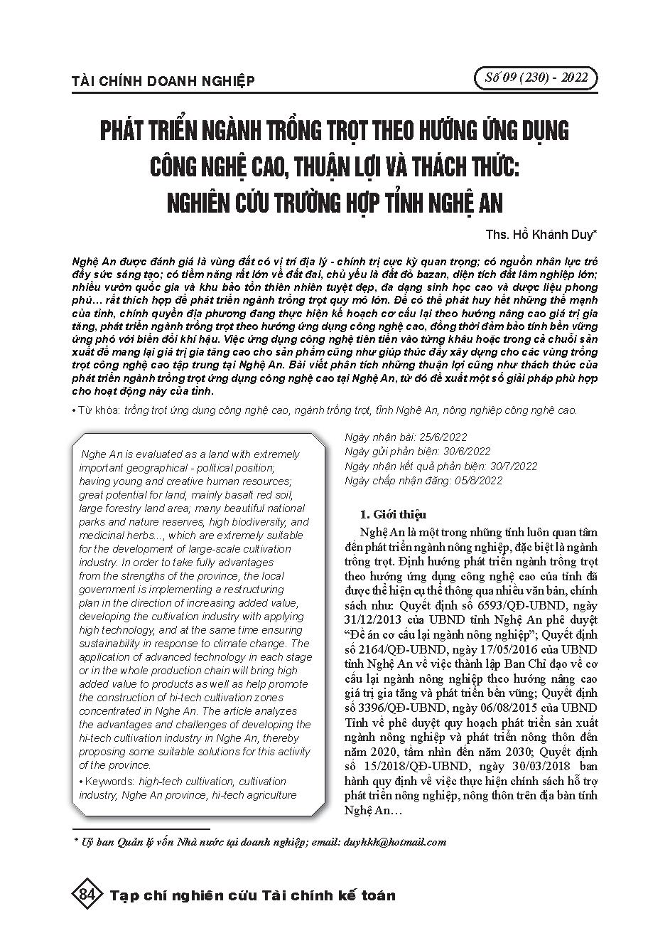 Phát triển ngành trồng trọt theo hướng ứng dụng công nghệ cao, thuận lợi và thách thức: Nghiên cứu trường hợp tỉnh Nghệ An = Advantages and challenges in developing the crop production in the direction of applying advanced technology: A case study of Nghe