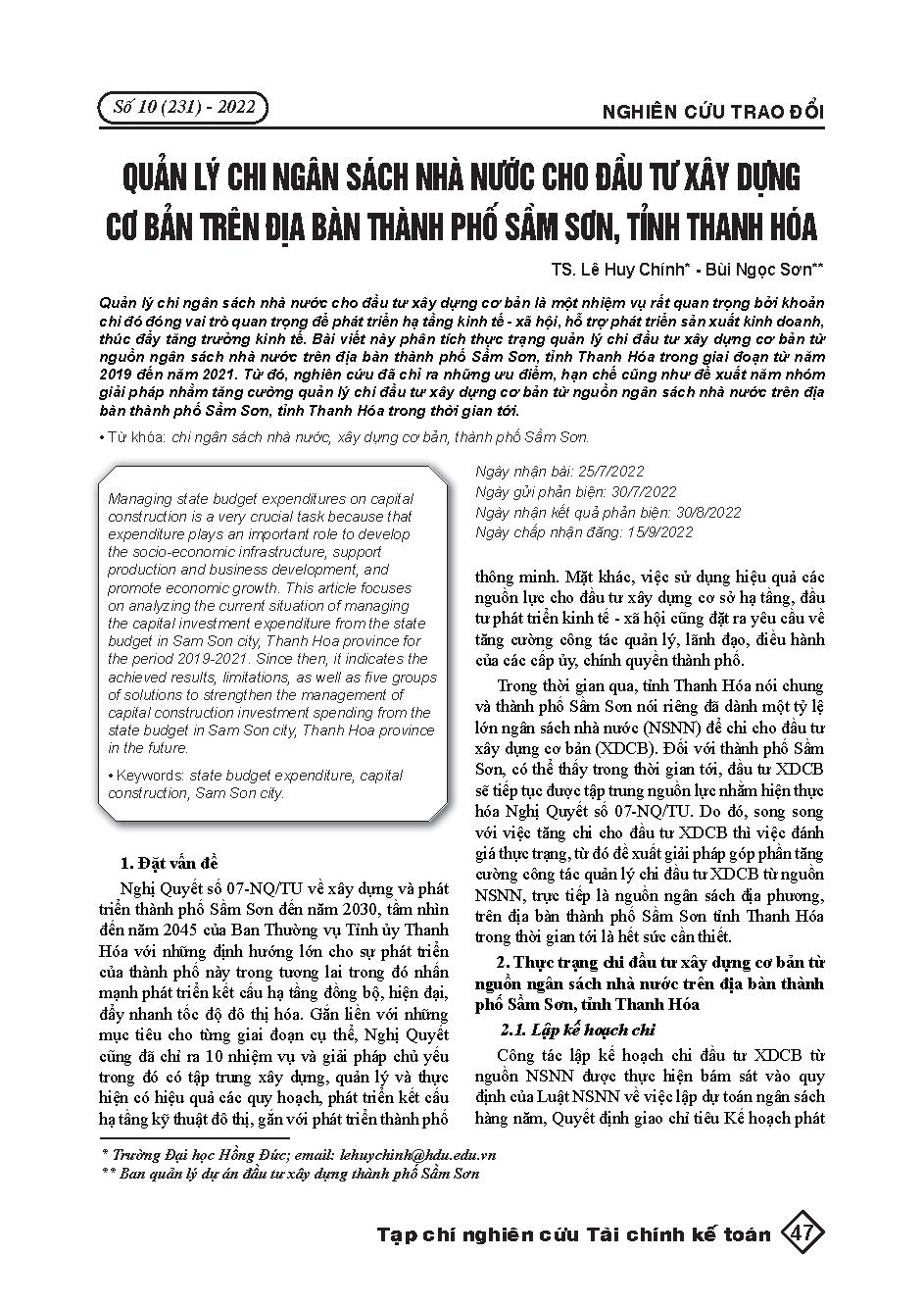 Quản lý chi ngân sách nhà nước cho đầu tư xây dựng cơ bản trên địa bàn thành phố Sầm Sơn, tỉnh Thanh Hóa = Managing state budget expenditures for capital construction investment in Sam Son, Thanh Hoa