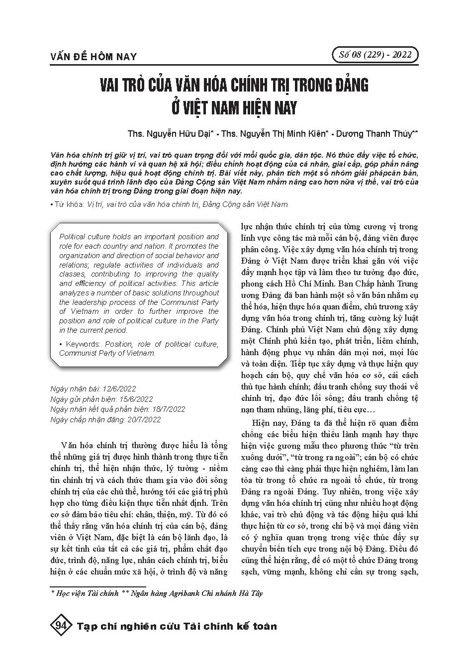 Vai trò của văn hóa chính trị trong Đảng ở Việt Nam hiện nay = The role of current political culture in the Communist Party of Vietnam