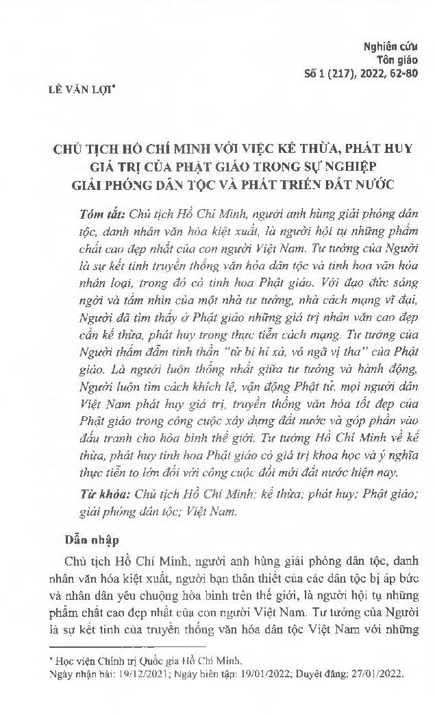 Chủ tịch Hồ Chí Minh với việc kế thừa, phát huy giá trị của phật giáo trong sự nghiệp giải phóng dân tộc và phát triển đất nước = President Ho Chi Minh and inheritance, promotion the buddhist values in the career of national liberation and development