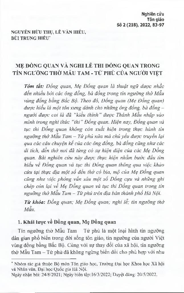 Mẹ Đồng quan và nghi lễ thi đồng quan trong tín ngưỡng thờ Mẫu Tam - Tứ phủ của người Việt = Mother Đồng quan and the ritual of Đồng quan contestant of the Việt’s belief of Mother of Three - Four palaces