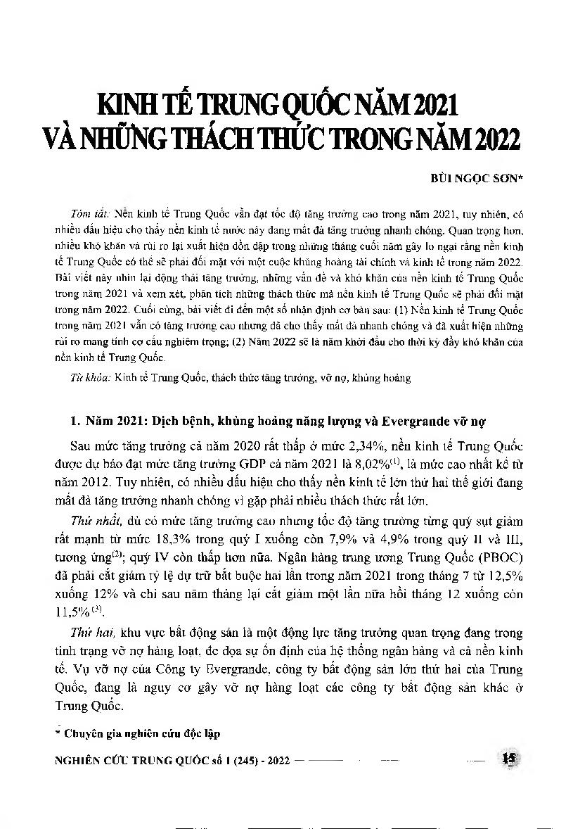 Kinh tể Trung Quốc năm 2021 và những thách thức trong năm 2022 = China economy in 2021 and challenges in 2022