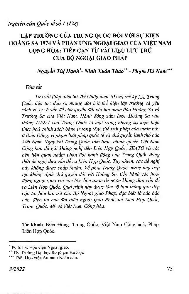 Lập trường của Trung Quốc đối với sự kiện Hoàng Sa 1974 và phản ứng ngoại giao của Việt Nam Cộng hoà: Tiếp cận từ tài liệu lưu trữ của Bộ Ngoại giao Pháp = China’s Position on the 1974 Paracel Islands Incident and Response of the Republic of Vietnam: Exam