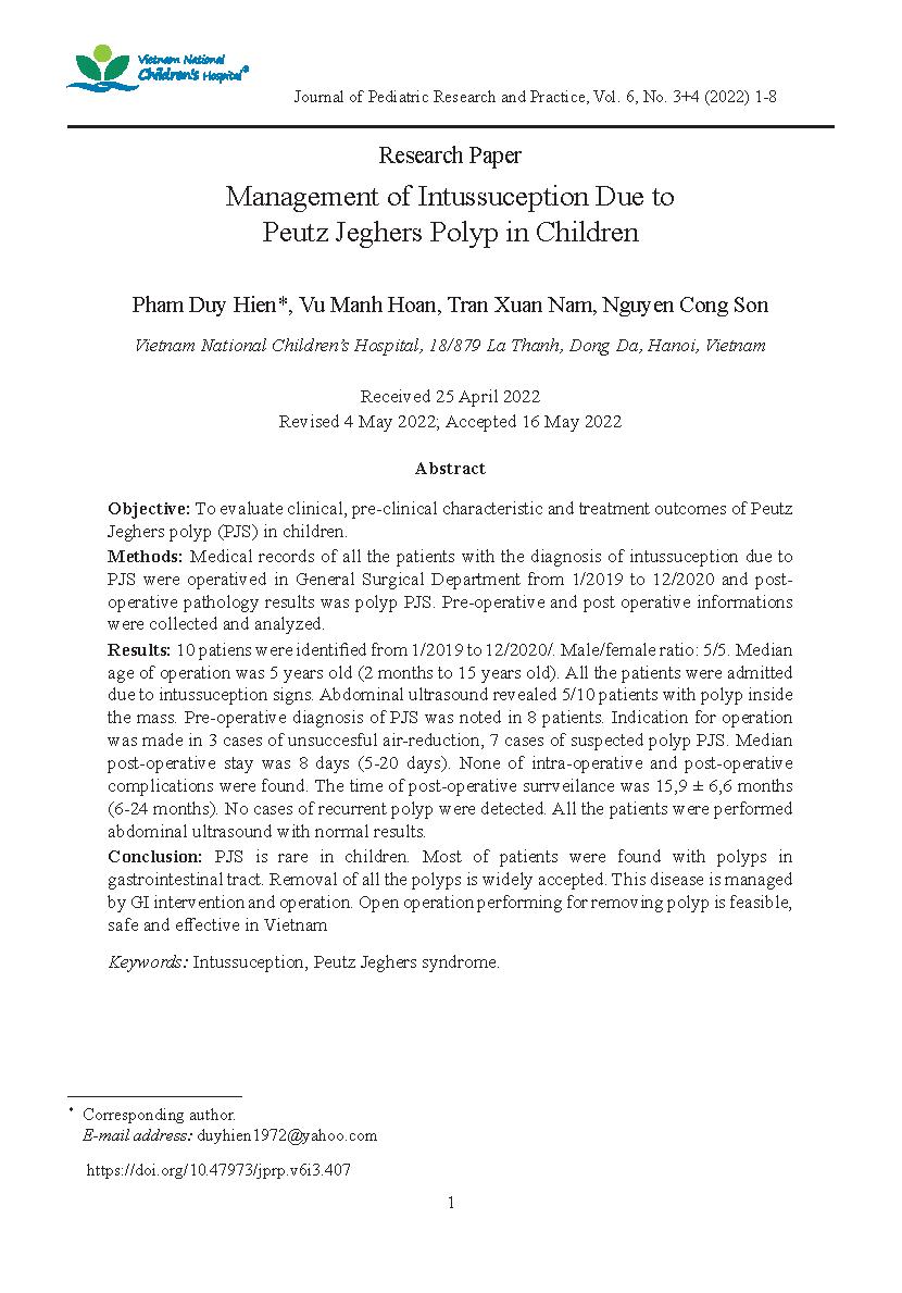 Điều trị lồng ruột do polyp Peutz Jeghers ở trẻ em = Management of Intussuception Due to Peutz Jeghers Polyp in Children