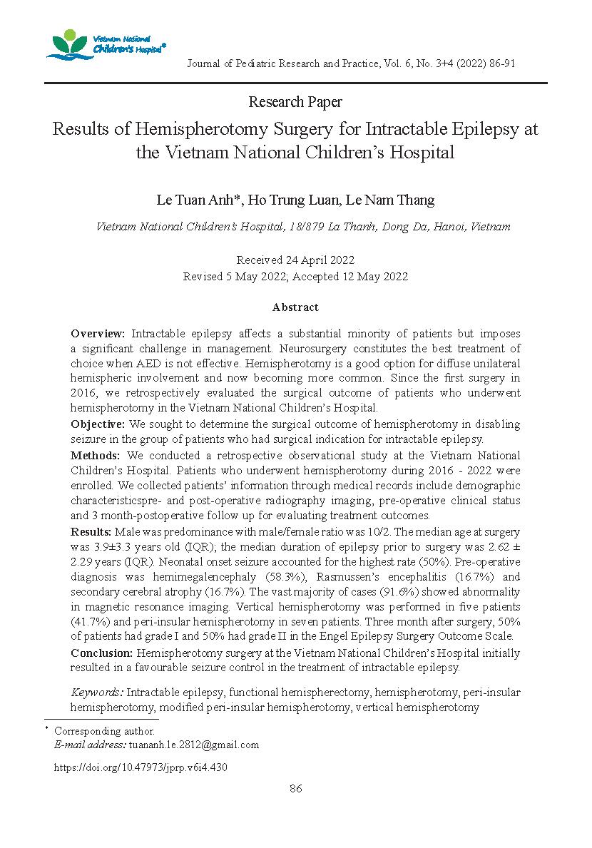 Kết quả điều trị động kinh kháng thuốc bằng phẫu thuật cắt liên kết bán cầu tại Bệnh viện Nhi Trung ương = Results of Hemispherotomy Surgery for Intractable Epilepsy at the Vietnam National Children’s Hospital