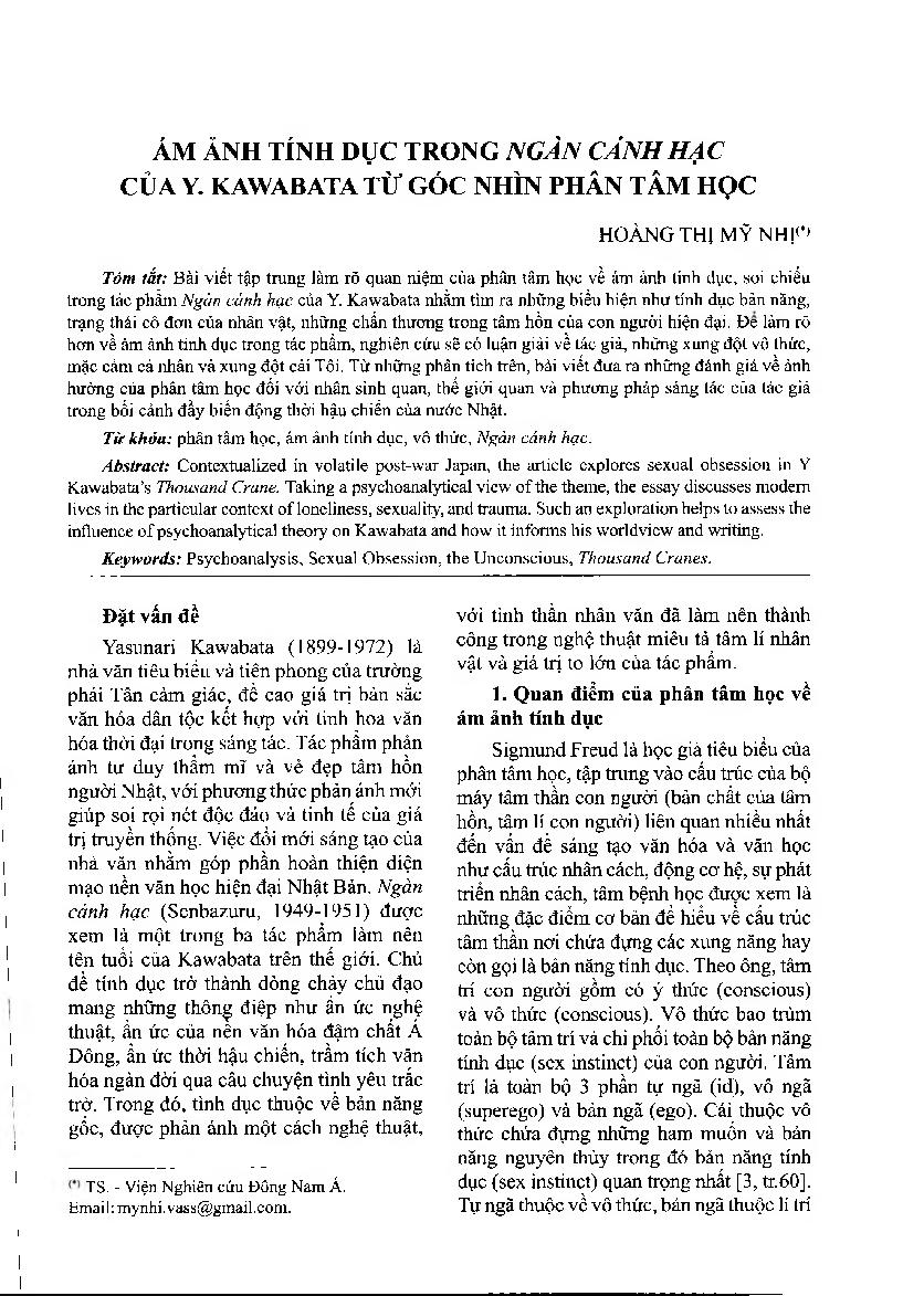 Ám ảnh tính dục trong Ngàn cánh hạc của Y. Kawabata từ góc nhìn phân tâm học = Sexual obsessions in thousand cranes by Y. Kawabata from psychoanalysis perspectives