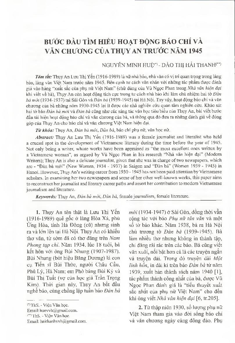 Bước đầu tìm hiểu hoạt động báo chí và văn chương của Thụy An trước năm 1945 = Understanding journalistic and literary writings by Thụy An before 945