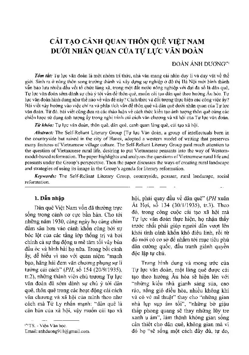 Cải tạo cảnh quan thôn quê Việt Nam dưới nhãn quan của Tự Lực văn đoàn = Renovations of Vietnamese rural landscape from the Self-Reliant Literary group’s perspectives