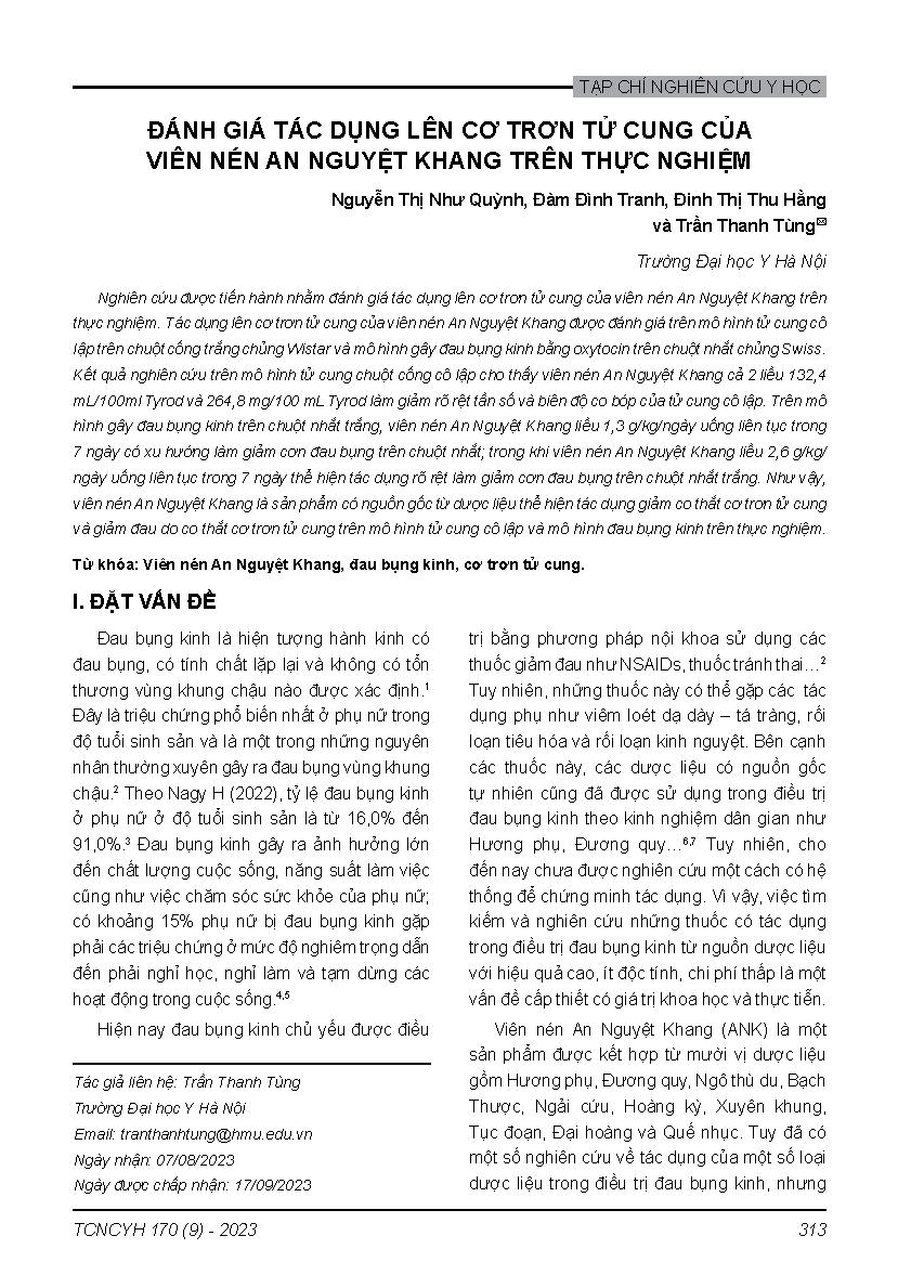 Đánh giá tác dụng lên cơ trơn tử cung của viên nén An Nguyệt Khang trên thực nghiệm = Evaluation effect of An Nguyet Khang tablet on uterine smooth muscle in the experiment