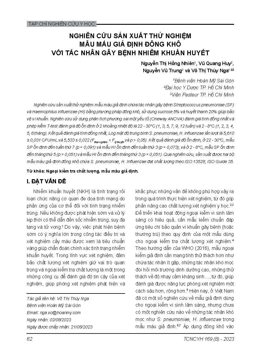 Nghiên cứu sản xuất thử nghiệm mẫu máu giả định đông khô với tác nhân gây bệnh nhiễm khuẩn huyết = Experimenting production of lyophilized artificial blood samples contain the causative agents of bloodstream infections