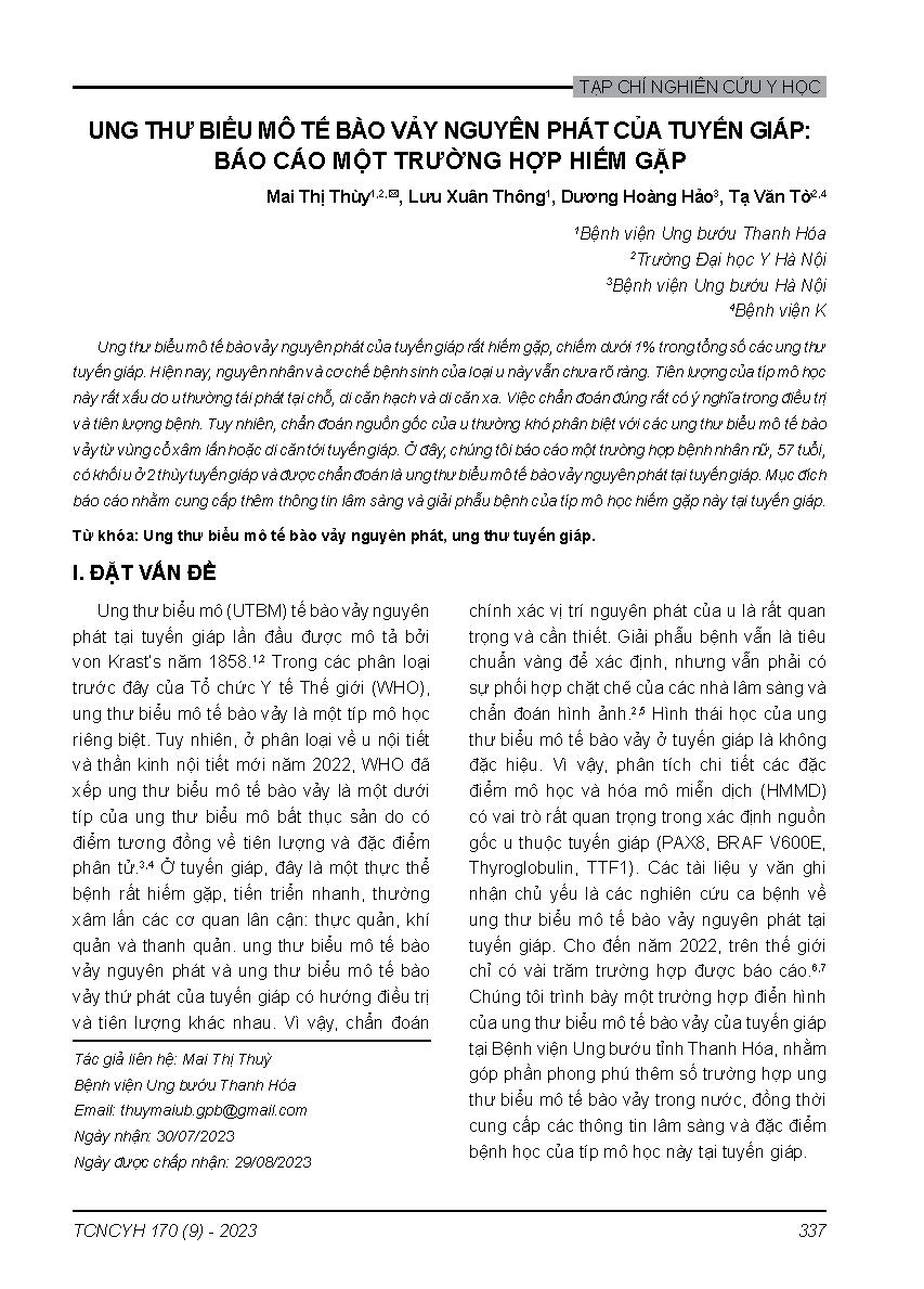 Ung thư biểu mô tế bào vảy nguyên phát của tuyến giáp: Báo cáo một trường hợp hiếm gặp = Primary squamous cell carcinoma of the thyroid gland: A rare case report