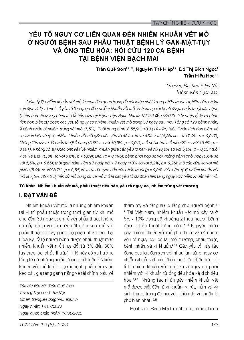 Yếu tố nguy cơ liên quan đến nhiễm khuẩn vết mổ ở người bệnh sau phẫu thuật bệnh lý gan-mật-tụy và ống tiêu hóa: hồi cứu 120 ca bệnh tại bệnh viện Bạch Mai = Risk factors associated with surgical site infection in patients with hepato-pancreatico-biliary 