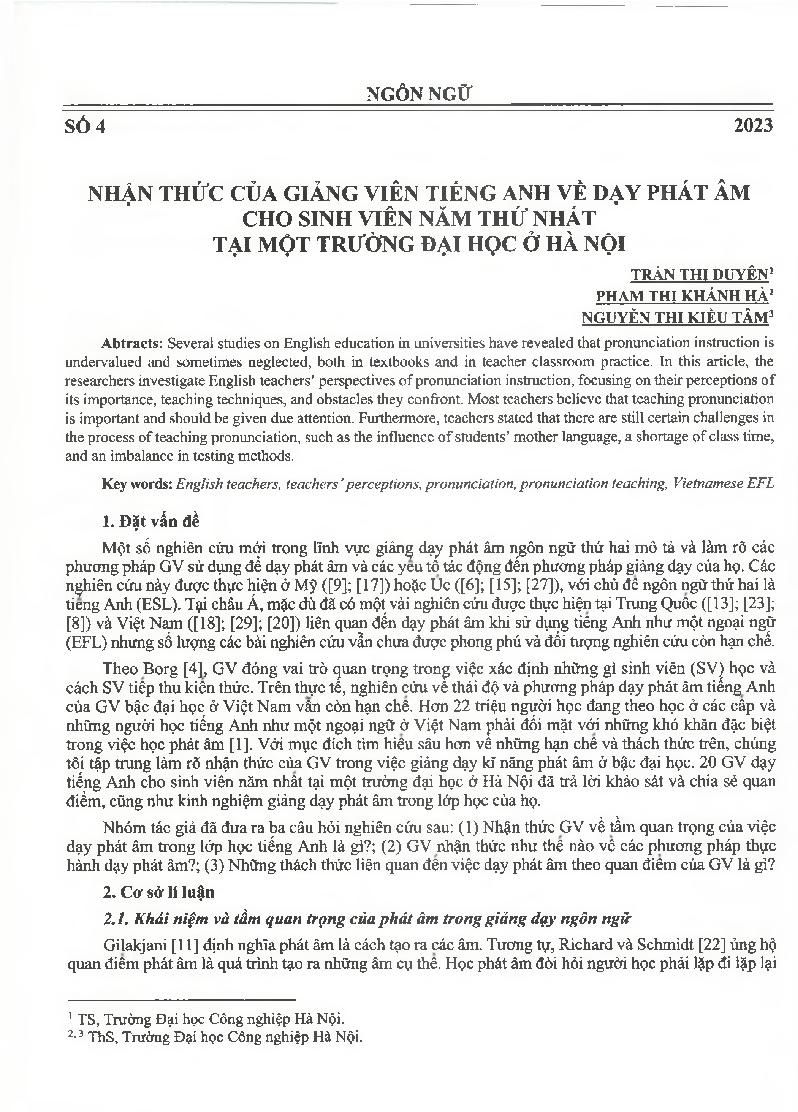 Nhận thức của giảng viên tiếng Anh về dạy phát âm cho sinh viên năm thứ nhất tại một trường Đại học ở Hà Nội = Perceptions of English lecturers on teaching pronunciation to first-year students at a university in Hanoi