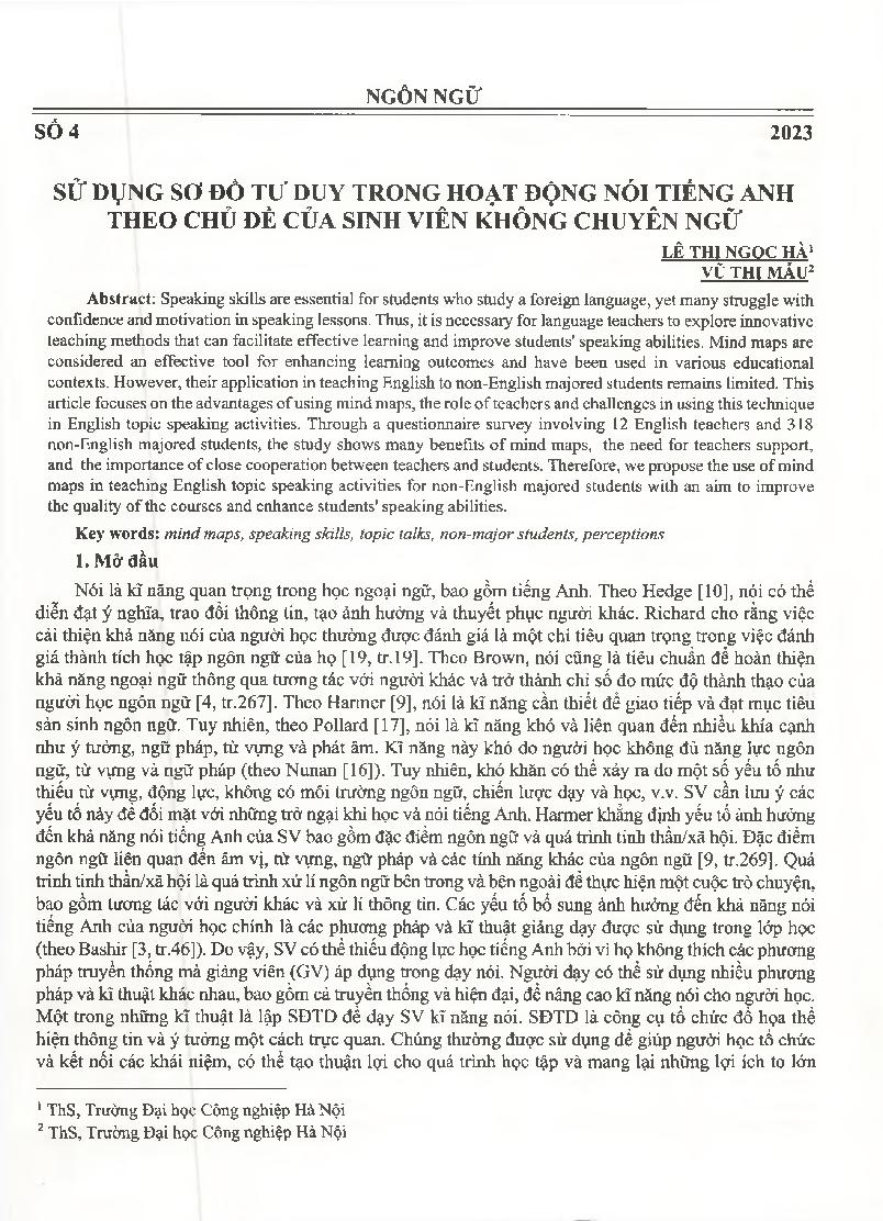 Sử dụng sơ đồ tư duy trong hoạt động nói tiếng Anh theo chủ đề của sinh viên không chuyên ngữ = Using mind maps in English speaking activities on topics of non-major students