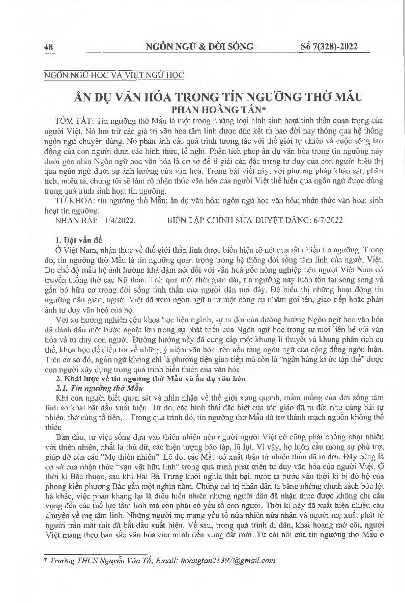 Ẩn dụ văn hóa trong tín ngưỡng thờ mẫu = Cultural metaphor in the mother goddess worship