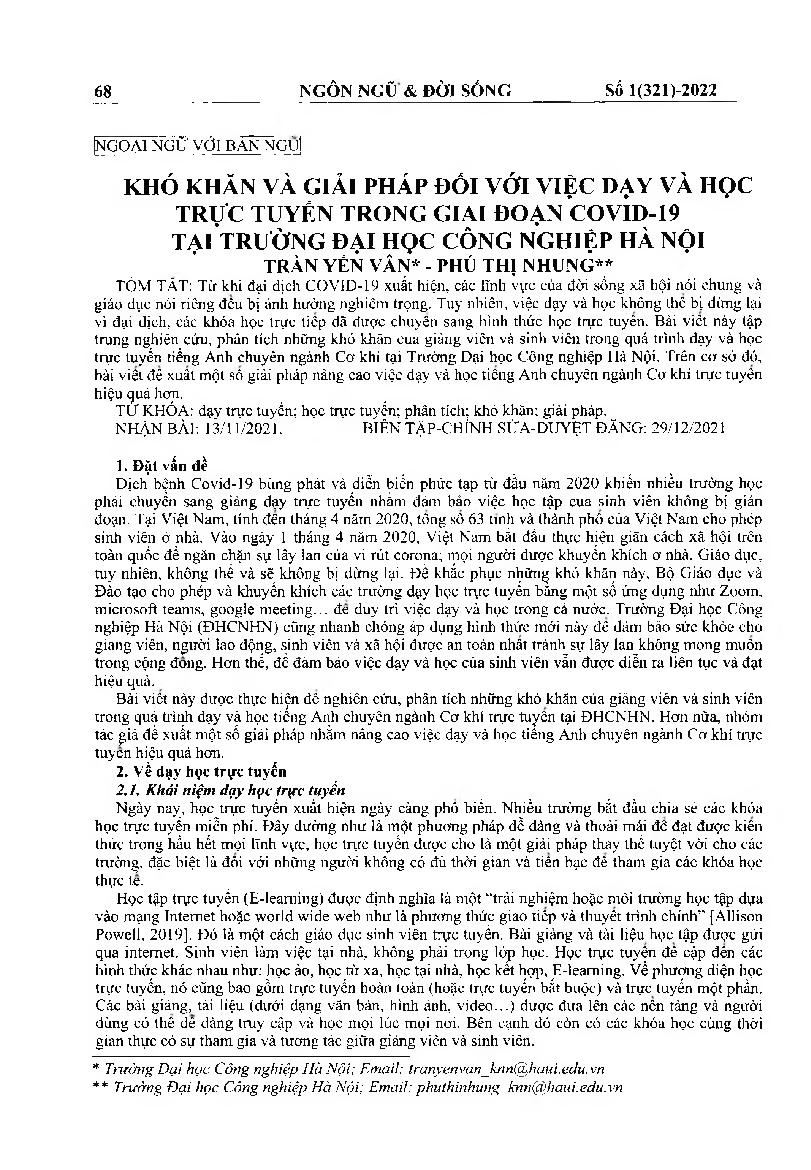 Khó khăn và giải pháp đối với việc dạy và học trực tuyến trong giai đoạn covid-19 tại trường Đại học Công nghiệp Hà Nội = Difficulties and solutions of online English teaching and learning during the COVID-19 pandemic period at Ha Noi University of Indust