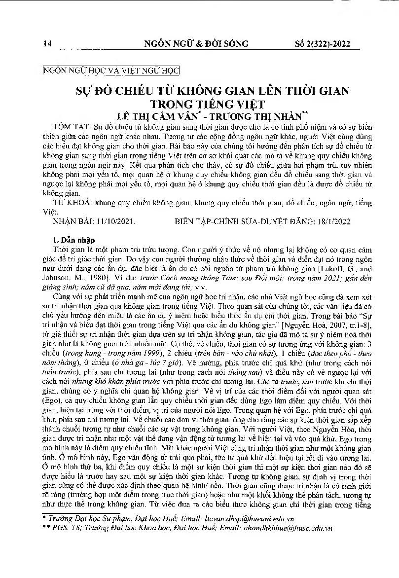 Sự đồ chiếu từ không gian lên thời gian trong tiếng Việt = Mapping from space to time in Vietnamese