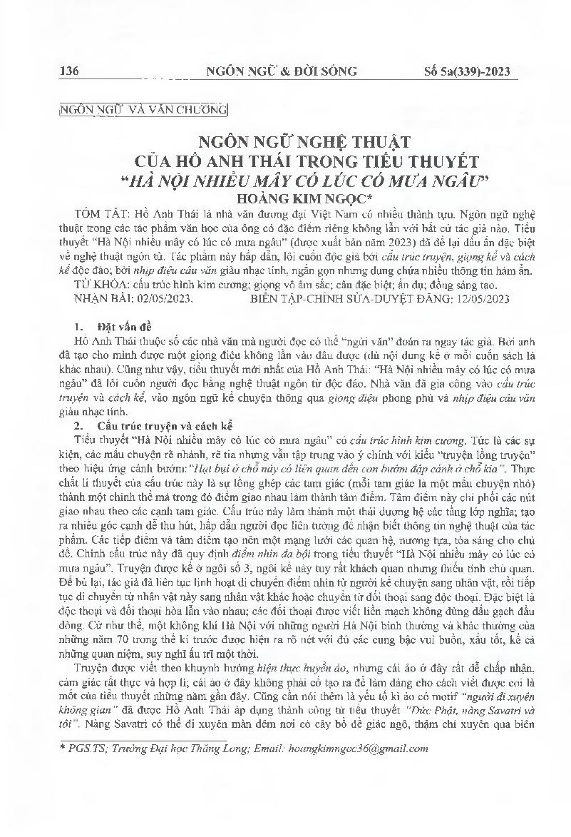 Ngôn ngữ nghệ thuật của Hồ Anh Thái trong tiểu thuyết "Hà Nội nhiều mây có lúc có mưa ngâu" = The artistic language of Ho Anh Thai in the novel "Hanoi is cloudy, occasional rains"