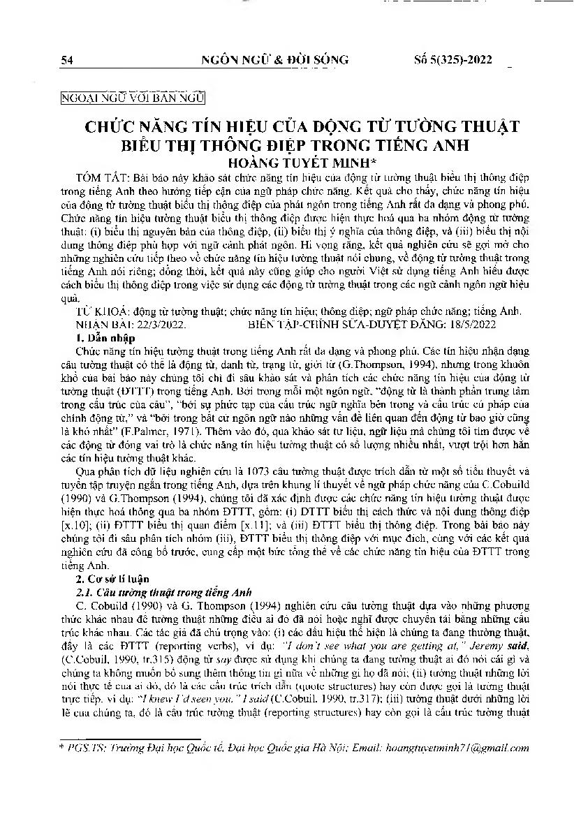 Chức năng tín hiệu của động từ tường thuật biểu thị thông điệp trong tiếng Anh = Signal functions of English reporting verbs expressing the message