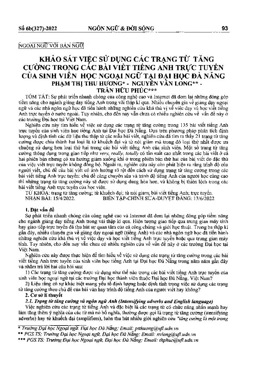 Khảo sát viec sử dụng các trạng từ tăng cường trong các bài viết tiếng anh trực tuyến của sinh viên học ngoại ngữ tại Đại học Đà Nẵng = Using intensifying adverbs in online English writings of EFL students at the University of Da Nang