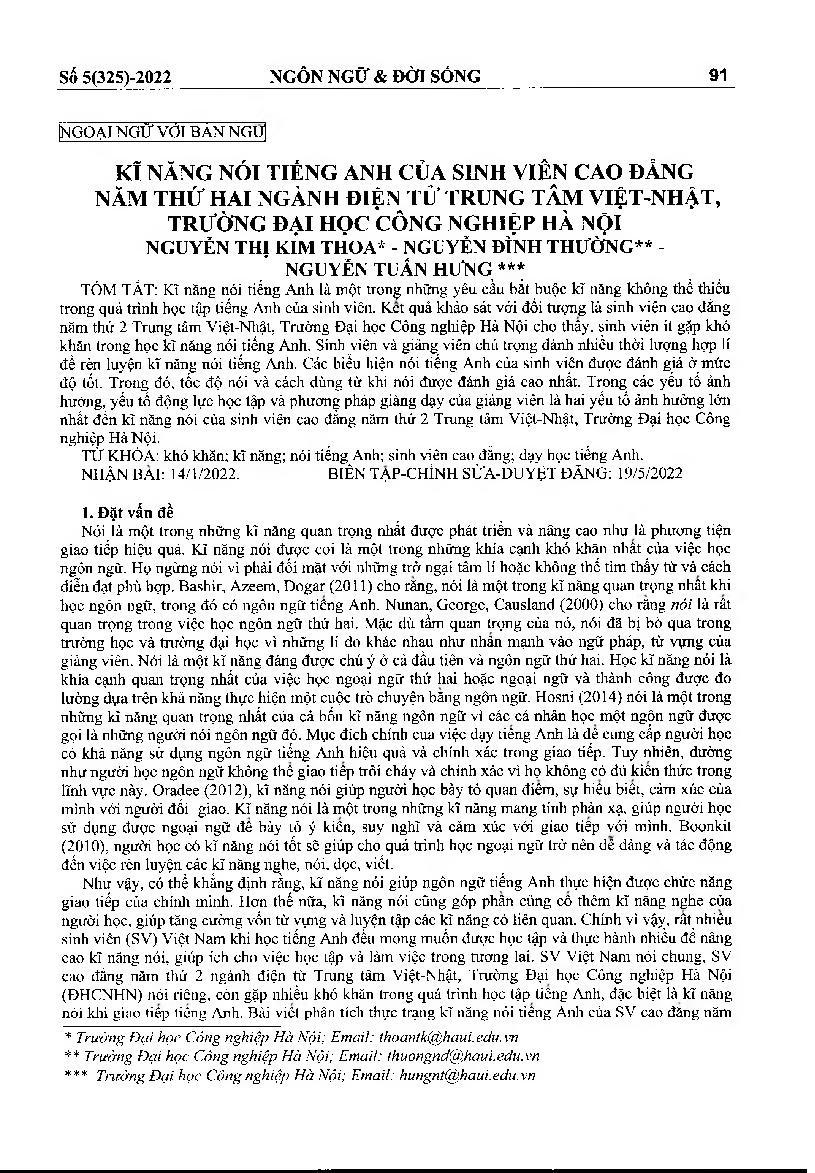 Kĩ năng nói tiếng Anh của sinh viên cao đẳng năm thứ hai ngành điện tử trung tâm Việt-Nhật, trường đại học công nghiệp Hà Nội = English speaking skills of the second year colleges of electronics Center Vietnam-Japanese University of Industrial Hanoi