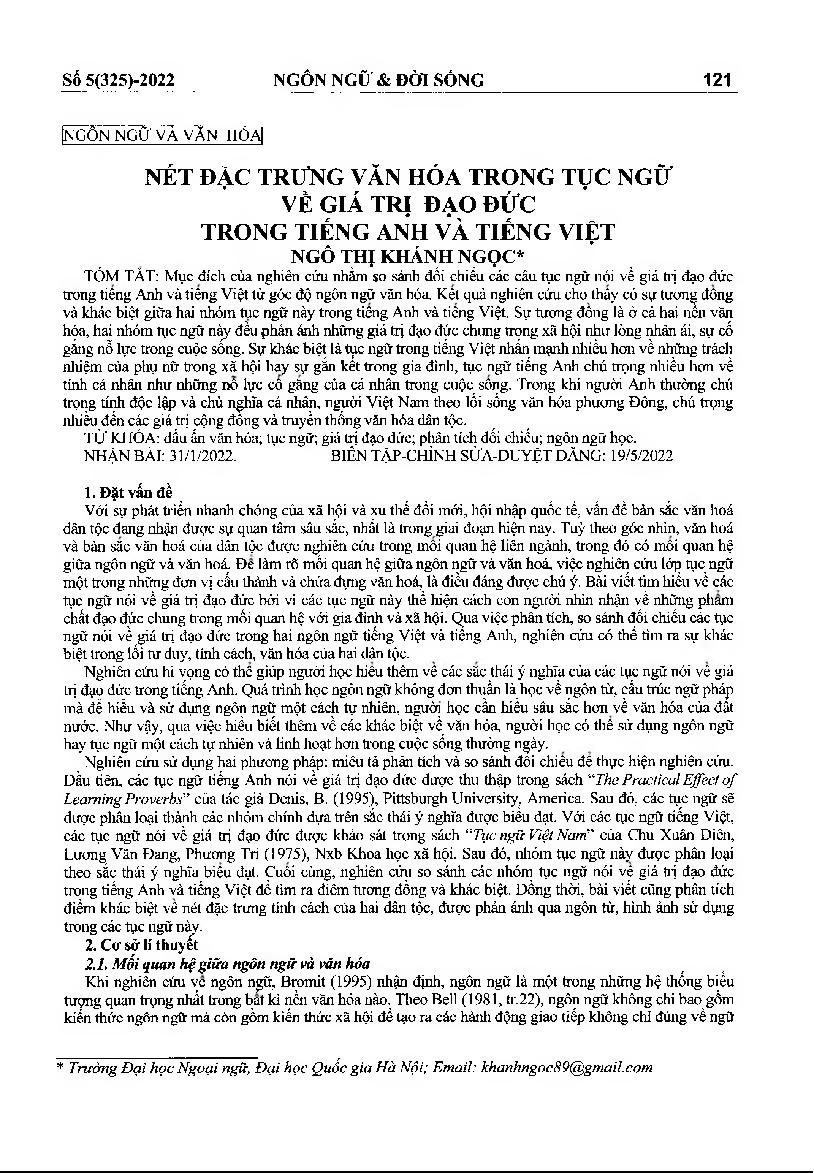 Nét đặc trưng văn hóa trong tục ngữ về giá trị đạo đức trong tiếng Anh và tiếng Việt = Cultural characteristics revealed through English and Vietnamese proverbs about moral values