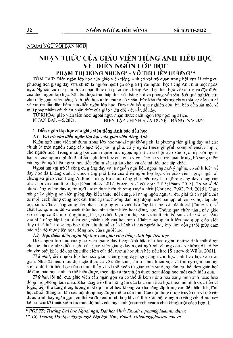 Nhận thức của giáo viên tiếng Anh tiểu học về diễn ngôn lớp học = Primary school English language teachers’ perceptions of classroom discourse