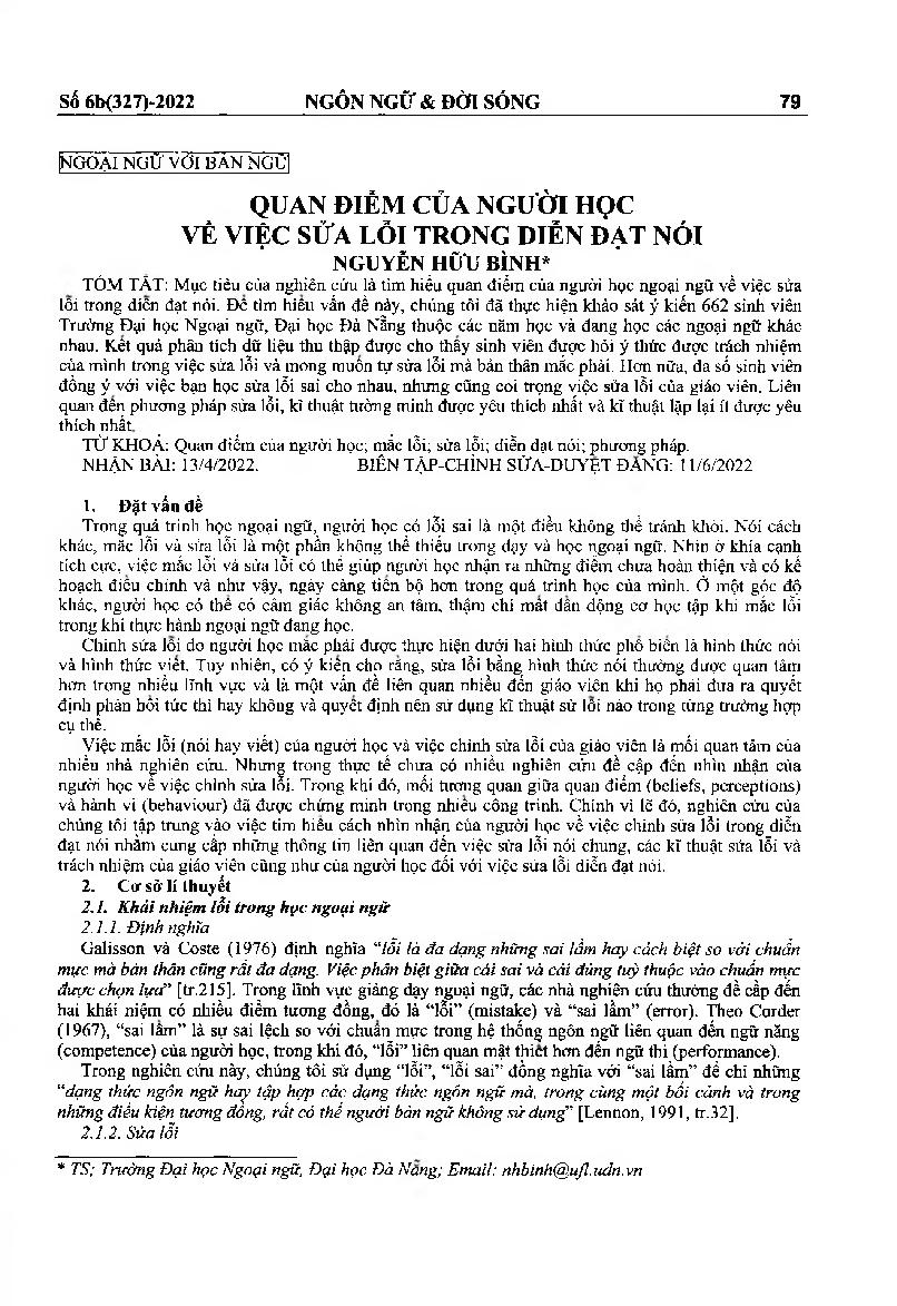 Quan điểm của người học về việc sửa lỗi trong diễn đạt nói = Learner’s preferences for error correction in oral communication