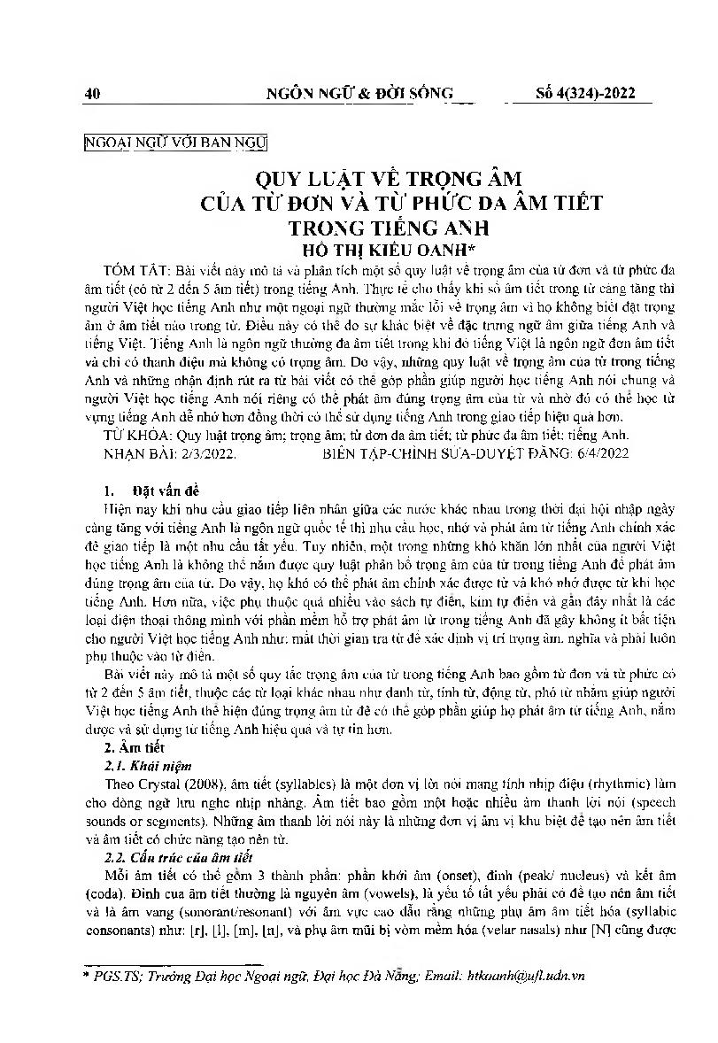 Quy luật về trọng âm của từ đơn và từ phức đa âm tiết trong tiếng Anh = Stress rules for polysyllabic simple and complex English words