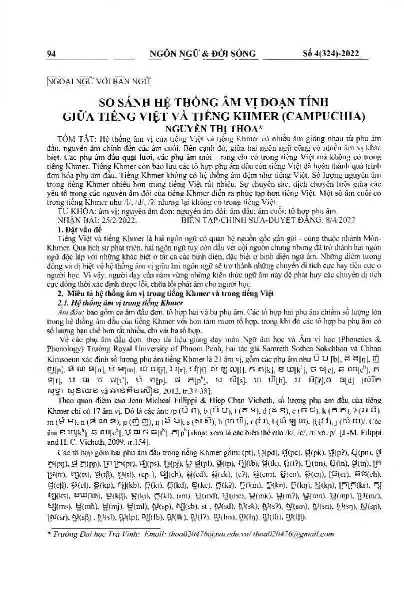 So sánh hệ thống âm vị đoạn tính giữa tiếng Việt và tiếng Khmer (Campuchia) = Comparing the system of segmental phonemes between Vietnamese and Khmer languages