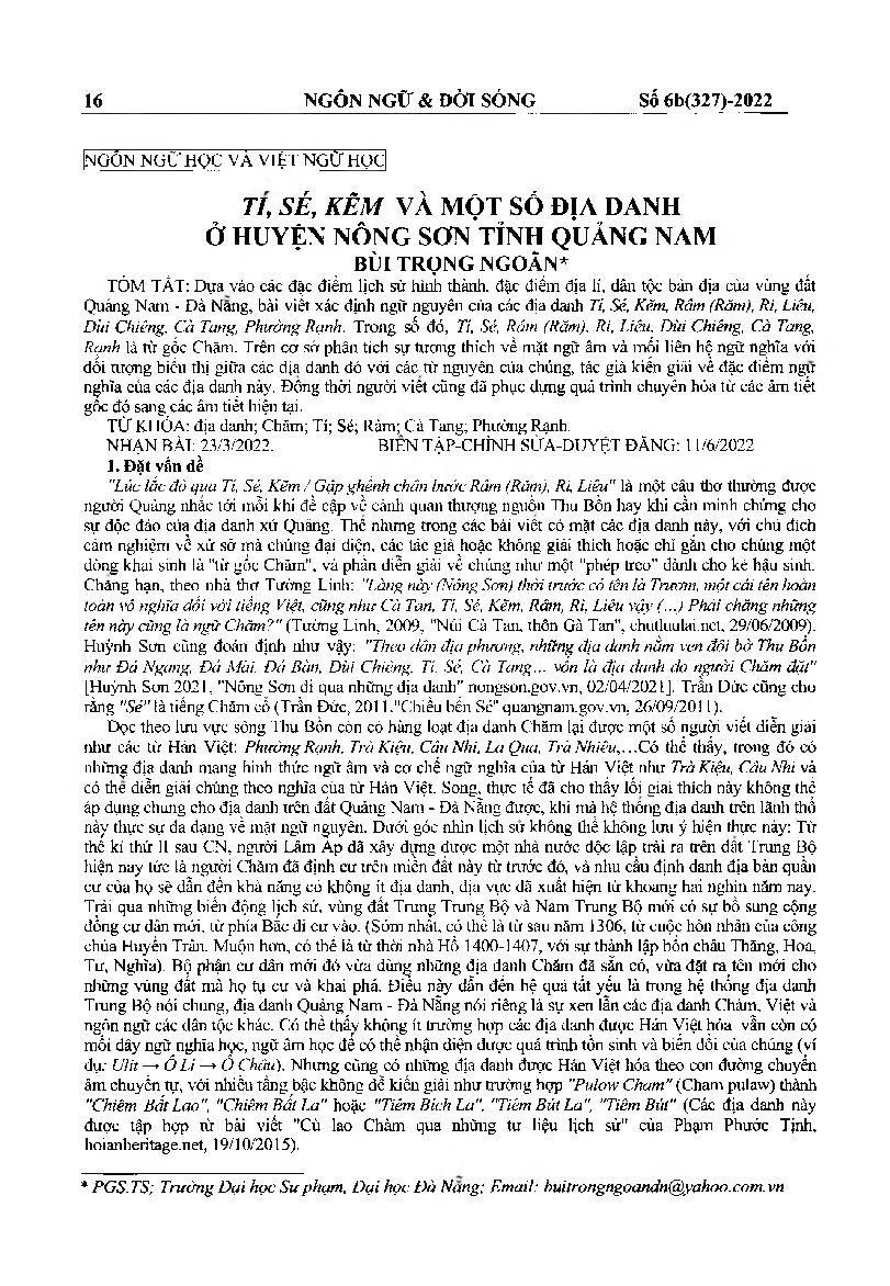 Tí, Sé, Kẽm và một số địa danh ở huyện Nông Sơn tỉnh Quảng Nam = Tí, Sé, Kẽm and certain place names in Nong Son district, Quang Nam province