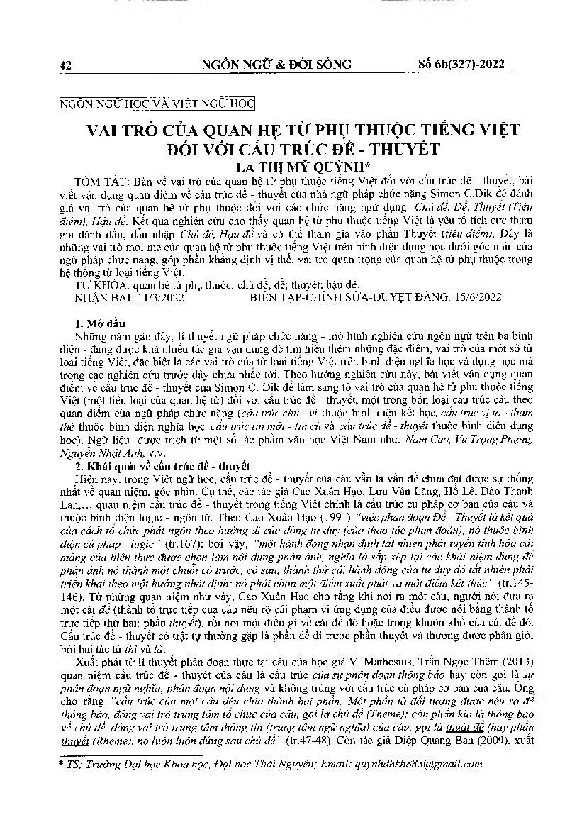 Vai trò của quan hệ từ phụ thuộc tiếng Việt đối với cấu trúc đề - thuyết = The role of Vietnamese dependent relational words for thematic structure