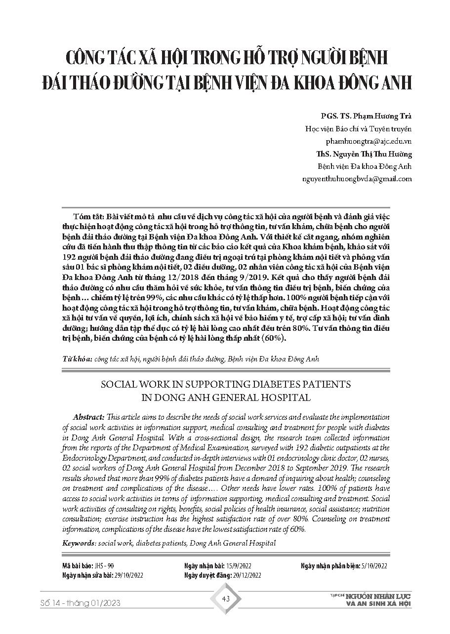 Công tác xã hội trong hỗ trợ người bệnh đái tháo đường tại Bệnh viện Đa khoa Đông Anh = Social work in supporting diabetes patients in Dong Anh General Hospital