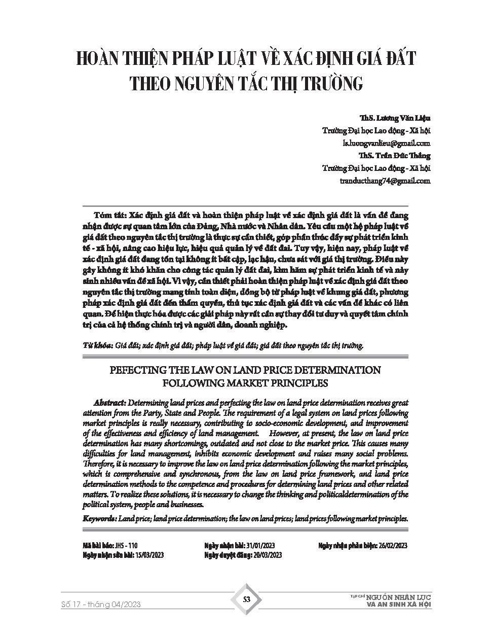 Hoàn thiện pháp luật về xác định giá đất theo nguyên tắc thị trường = Pefecting the law on land price determination following market principles